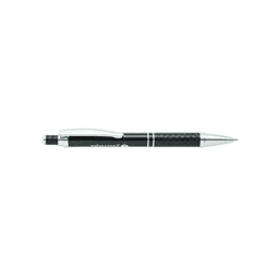 A black metal pen with silver accents and a textured grip. It features a branding logo.