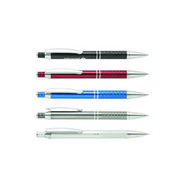A collection of five metal pens in black, red, blue, silver, and grey with a branded logo on each.