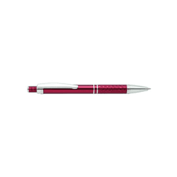 A metal pen in a vibrant red colour with a textured grip and silver accents. It features a logo on the body.
