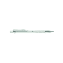A silver metal pen with a textured grip and a clip, featuring a logo on the barrel.