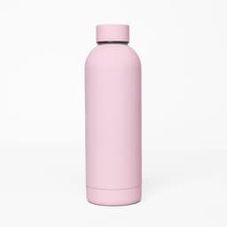 A drink bottle in a matte pink finish, featuring a double wall design and a logo.