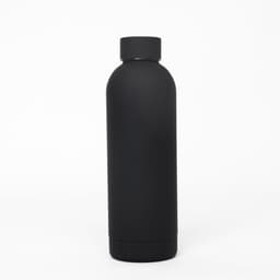 A drink bottle in matte black, featuring a sleek double wall design and a logo on its surface.