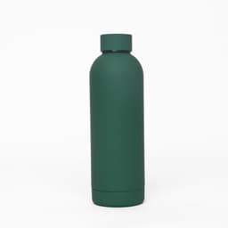 A drink bottle in matte green finish, featuring a sleek, double wall design and a logo.