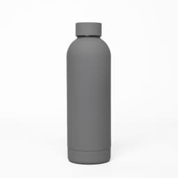 A drink bottle in a sleek matte grey finish, featuring a double wall design and a logo.