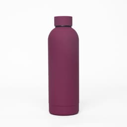 A drink bottle in a rich burgundy colour, featuring a sleek design and a logo. It has a double wall for insulation.