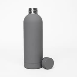 A drink bottle in matte grey with a cap, featuring double wall insulation and a sleek design.