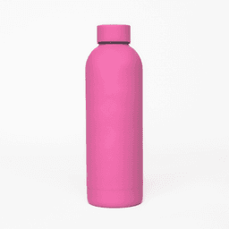 A drink bottle with a double wall design, featuring a vibrant pink colour and a logo on its surface.