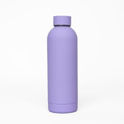 A drink bottle in a soft lavender colour with a matte finish and a logo on its side.