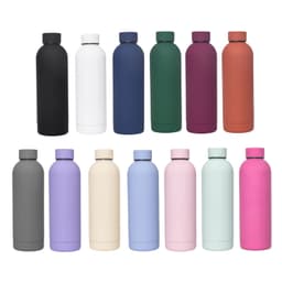 A drink bottle collection featuring 12 thermoses in various colours, including black, white, navy, green, purple, and pastel shades.