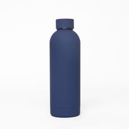 A drink bottle in navy blue with a smooth, matte finish and a round cap, featuring a logo.