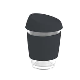 A reusable glass coffee cup in black with a silicone lid and band, featuring a logo.