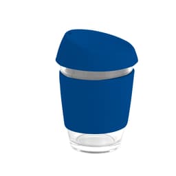 A reusable glass coffee cup featuring a blue silicone lid and band, with a transparent glass body.