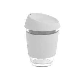 A reusable glass coffee cup in white with a silicon lid and band, featuring a transparent base.