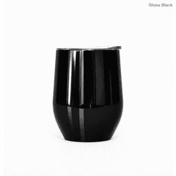 A drink bottle in gloss black finish, featuring a sleek design and lid, suitable for travel use.