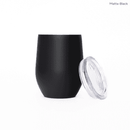 A drink bottle in matte black, featuring a clear lid, designed as a travel mug for beverages.