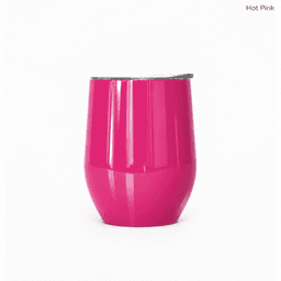 A hot pink metal travel mug with a sleek design and a lid, featuring a logo on the side.