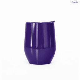 A purple metal coffee cup with a sleek design and a lid, featuring a logo on its surface.