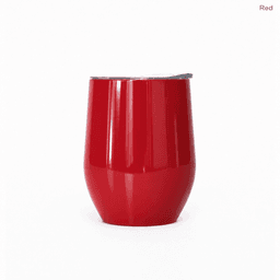 A red metal coffee cup with a sleek design and a silver lid, suitable for travel use. It features a logo.