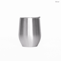 A stainless steel travel mug with a sleek, polished silver finish and a lid.