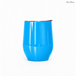 A drink bottle in sky blue with a sleek design and a black lid, featuring a logo.