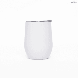 A white metal coffee cup with a silver lid, designed for travel and featuring a logo.