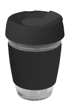 A drink bottle featuring a clear glass body, black silicon lid, and band. Suitable for reusable coffee use.