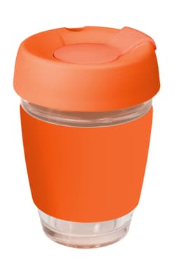A drink bottle featuring a clear glass body with an orange silicone lid and band.