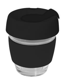A glass coffee cup in clear and black, featuring a silicone lid and band.