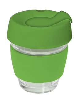 A green glass coffee cup with a silicone lid and band, featuring a modern design.