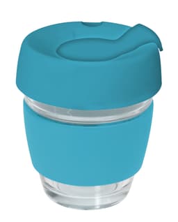 A drink bottle featuring a transparent glass body with a teal silicone lid and band. It has a logo on the side.
