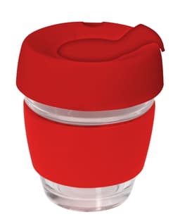 A drink bottle featuring a clear glass body with a vibrant red silicone lid and band. It has a logo on the side.