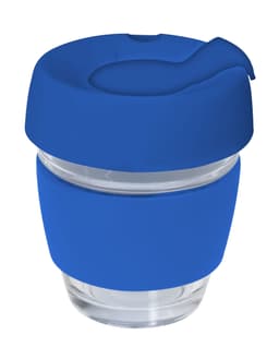 A drink bottle featuring a transparent glass body with a blue silicone lid and band, suitable for reusable coffee.