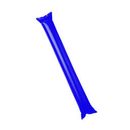 A blue inflatable cheering stick with a tapered end and a smooth surface. It has a logo prominently displayed.