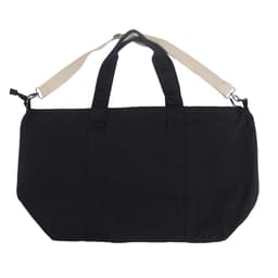 A black duffle bag with a beige shoulder strap and sturdy handles, featuring a logo.