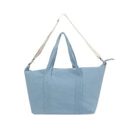 A light blue duffle bag with handles and an adjustable strap, featuring a logo on the side.