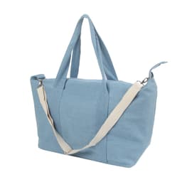 A blue duffle bag with two sturdy handles and a detachable shoulder strap. It features a logo.
