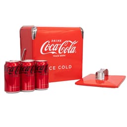 A drink bottle cooler box in red, with three cans of Coca-Cola and a bottle opener beside it. Features branding.