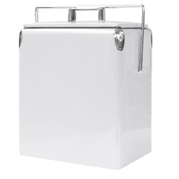 A drink bottle cooler in white with a metal handle and shiny chrome accents.