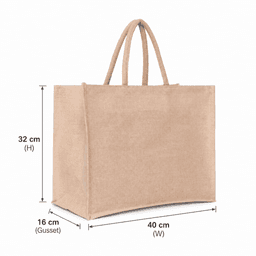 A tan Juco bag with two handles, featuring dimensions of 32 cm height, 40 cm width, and 16 cm gusset.