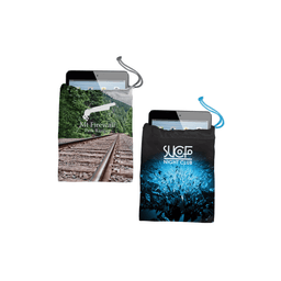 Microfibre pouches for sunglasses or phones in grey and black, featuring different designs and a drawstring closure.