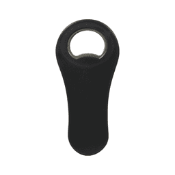 A black paddle-shaped bottle opener with a circular opening, featuring a smooth ergonomic design.