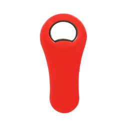 A red paddle-shaped bottle opener with a circular opening and a smooth finish, featuring a logo.