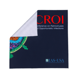 A small microfibre cleaning cloth featuring vibrant colours and a decorative pattern, with a logo in the corner.