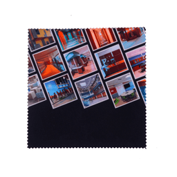 A small black microfibre cleaning cloth featuring various images of indoor spaces.
