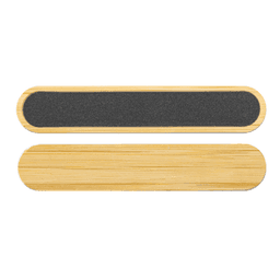 A bamboo nail file with a smooth bamboo surface and a textured black sanding side. It features a logo.