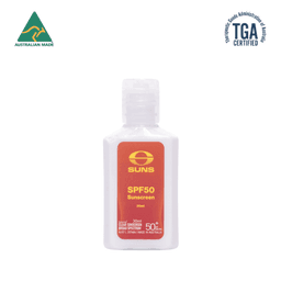 A 30ml SPF50 sunscreen lotion in a white bottle with a red label and a logo. The product is Australian made.