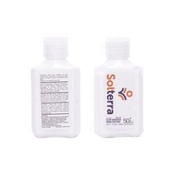 A white bottle of 60ml SPF 50 sunscreen lotion with a logo and informational text on the label.
