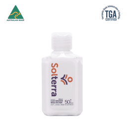 A 60ml white bottle of SPF50 sunscreen lotion, featuring a logo and a TGA certification mark.