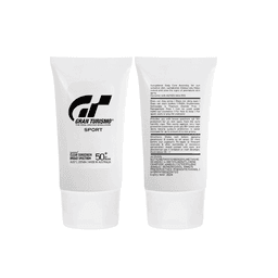 A white tube of SPF 50 sunscreen lotion featuring a logo, with text on the front and back.