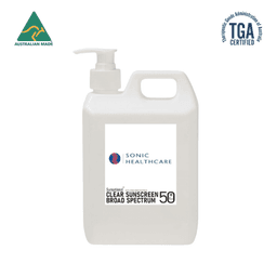 A 1L white pump bottle of SPF 50 sunscreen lotion with branding and certification logos.